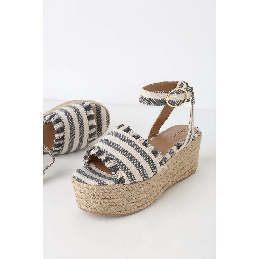 Lulu's NEW Daphnie Grey and Beige Striped Espadrille Platform Sandal Size 9
